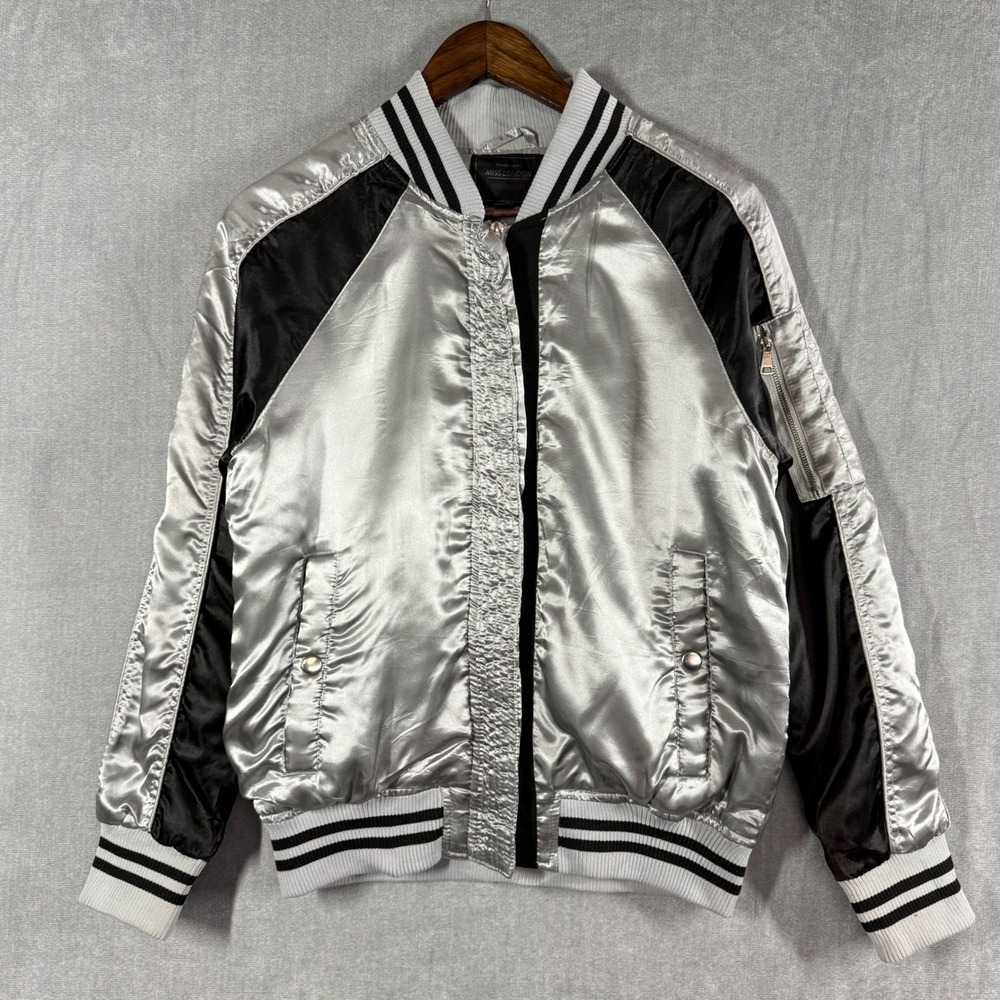 Miss London Black Label Bomber Jacket Womens M Silver‎ Satin MA-1 Varsity